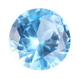 Photo of One shiny light blue gemstone isolated on white, top view