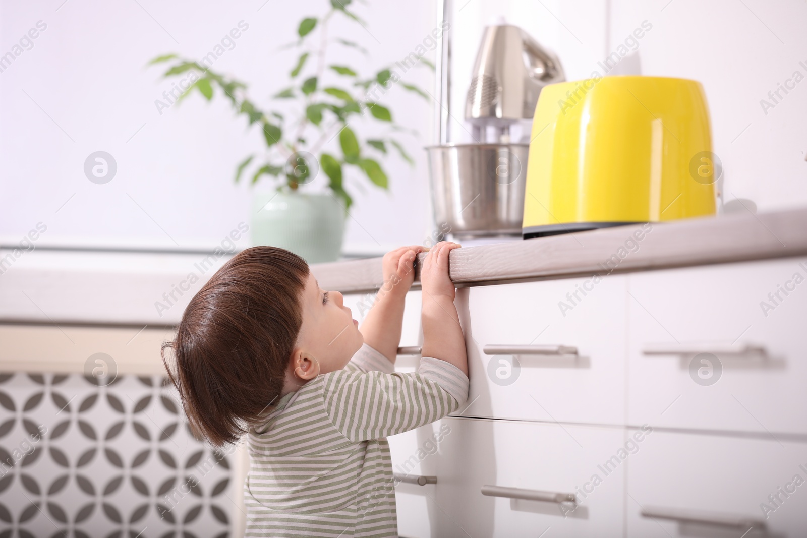 Photo of Little boy playing with toaster in kitchen. Dangerous situation