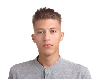 Photo of Handsome young man with stylish haircut on white background