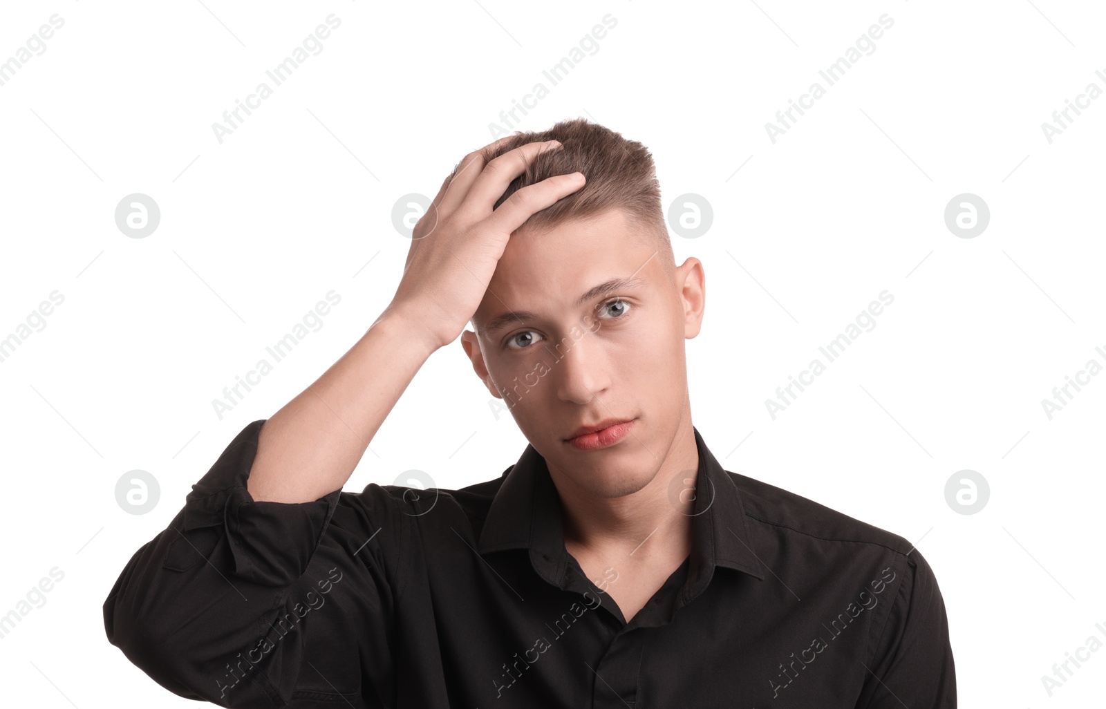 Photo of Confident young man with stylish haircut on white background