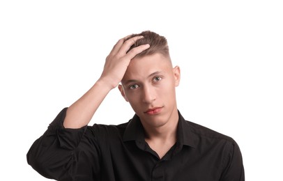 Photo of Confident young man with stylish haircut on white background