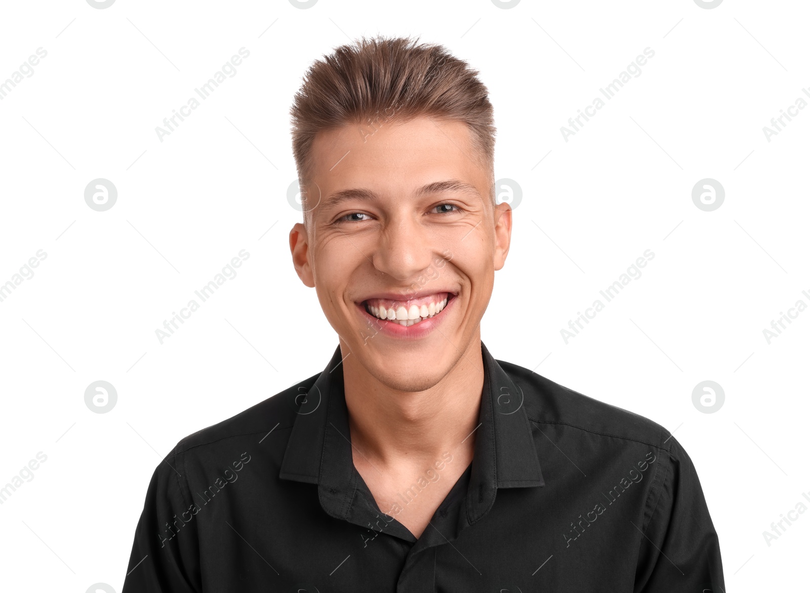 Photo of Smiling young man with stylish haircut on white background