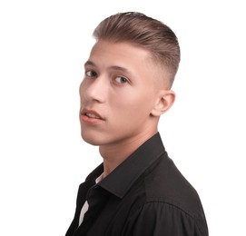 Photo of Confident young man with stylish haircut on white background