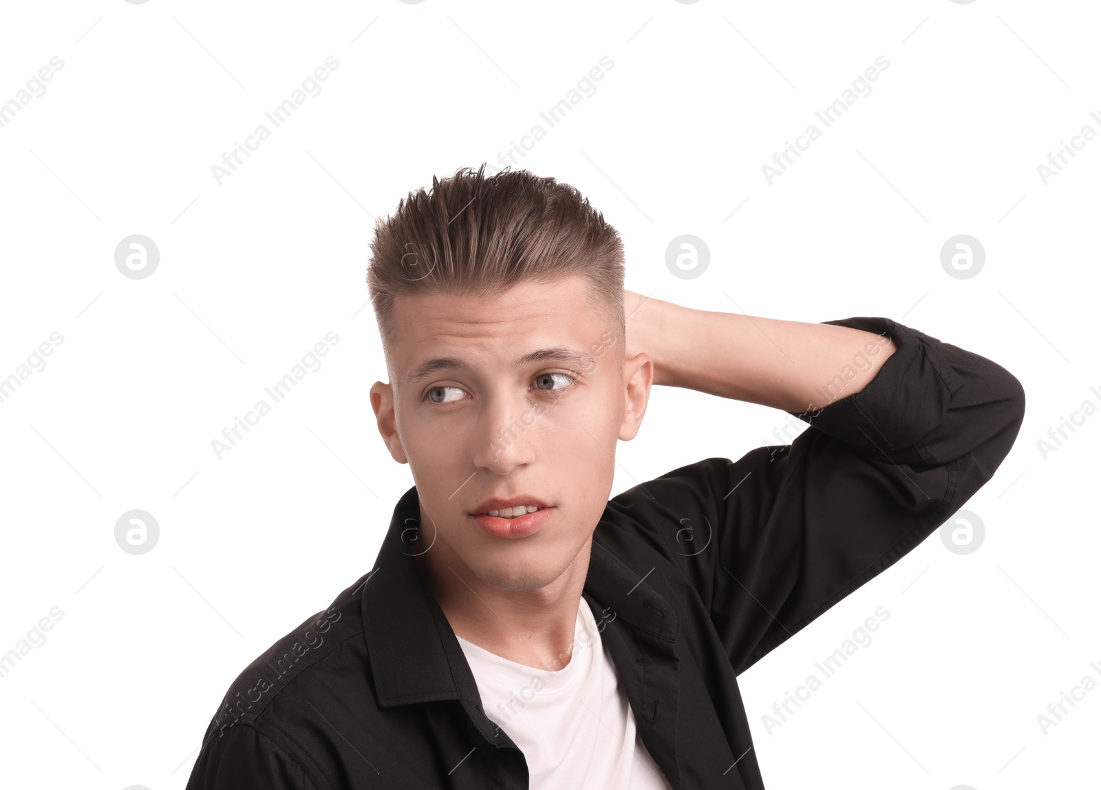 Photo of Confident young man with stylish haircut on white background