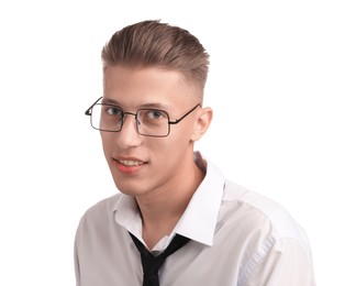 Photo of Confident young man with stylish haircut on white background