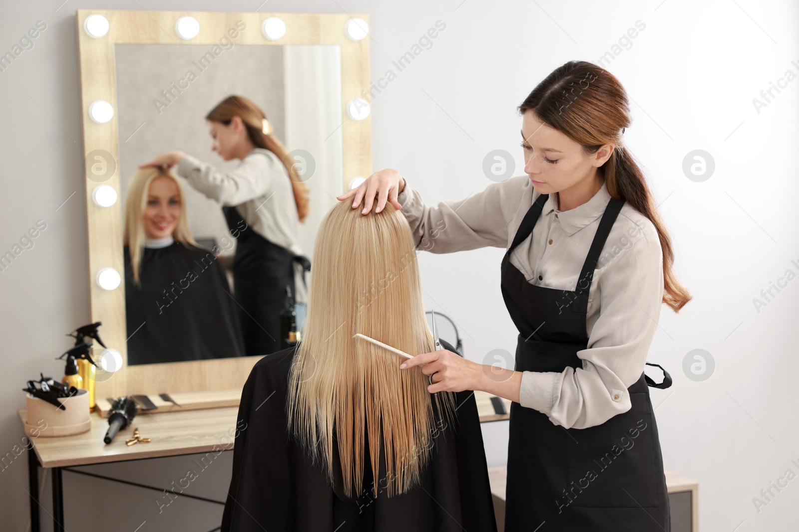 Photo of Professional hairdresser combing woman's hair in salon