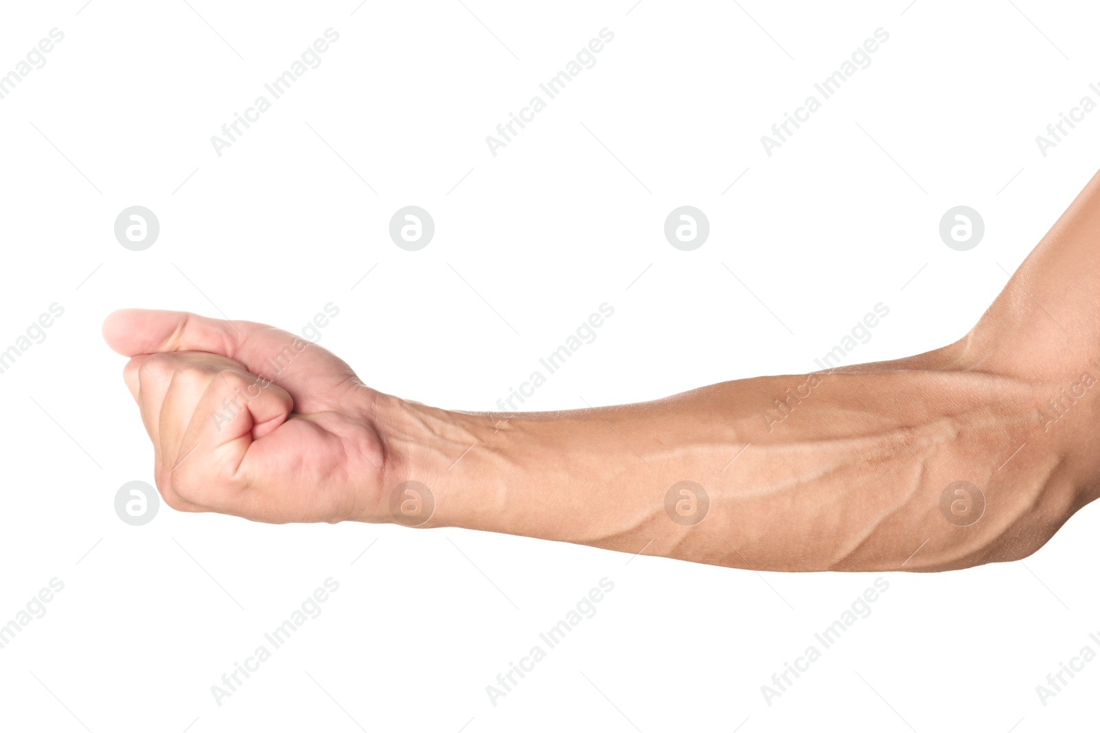 Photo of Man with bulging veins on his arm against white background, closeup