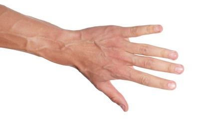 Photo of Man with bulging veins on his arm against white background, closeup