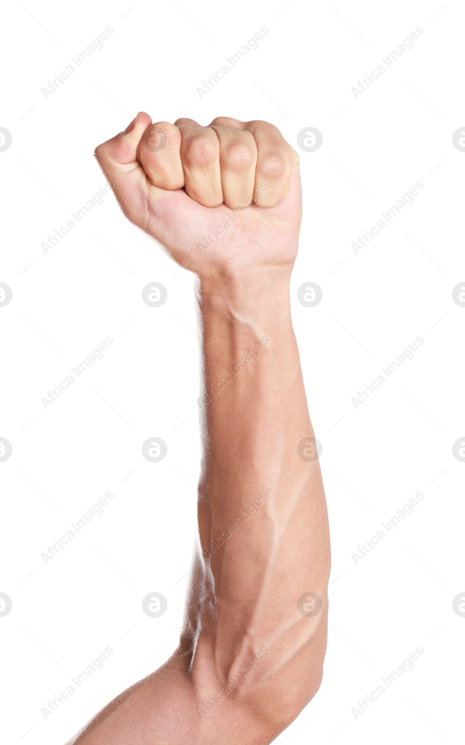 Photo of Man with bulging veins on his arm against white background, closeup