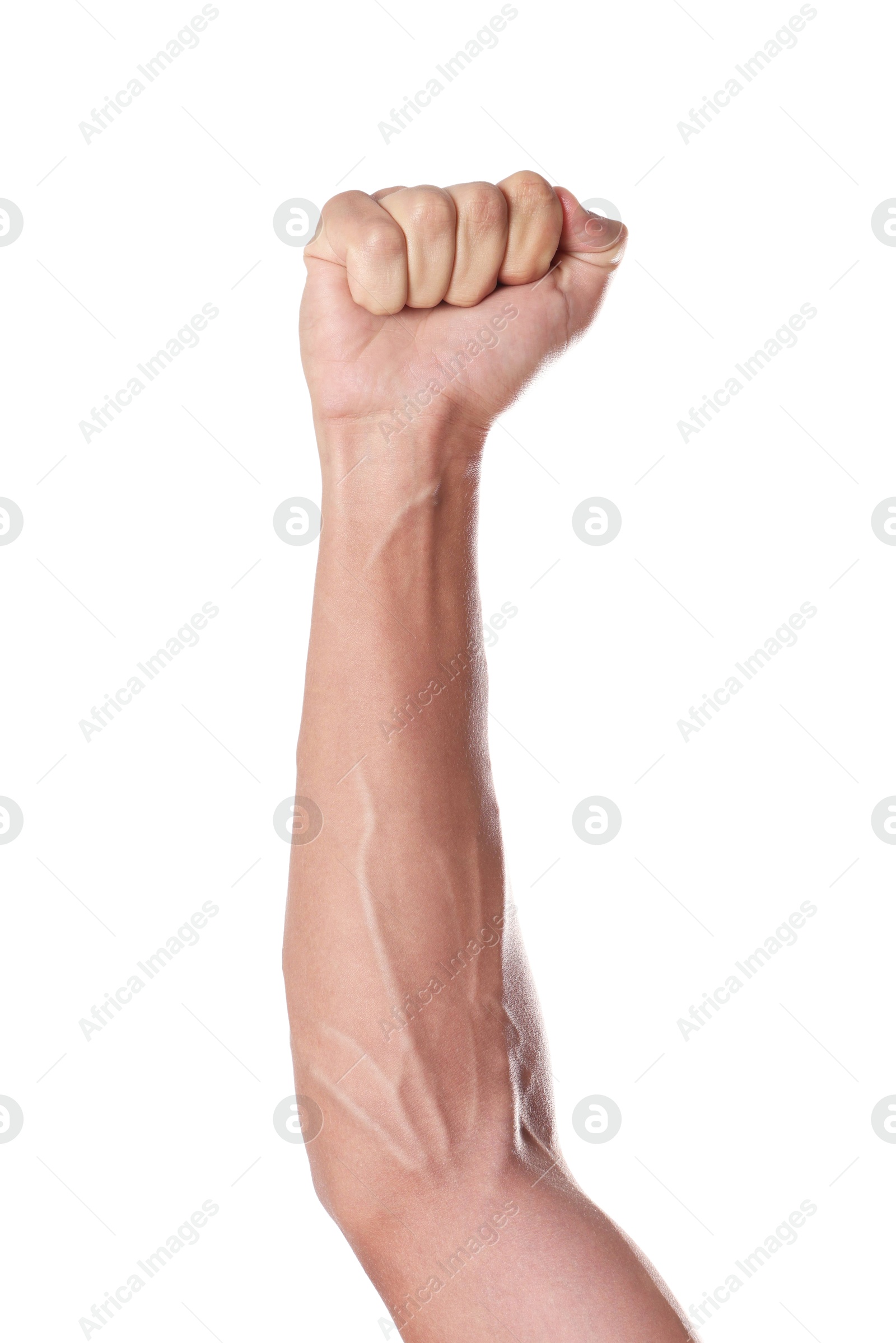 Photo of Man with bulging veins on his arm against white background, closeup