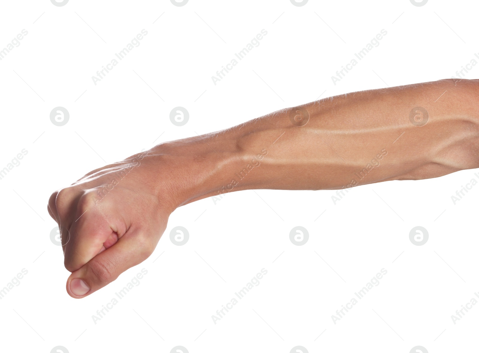 Photo of Man with bulging veins on his arm against white background, closeup