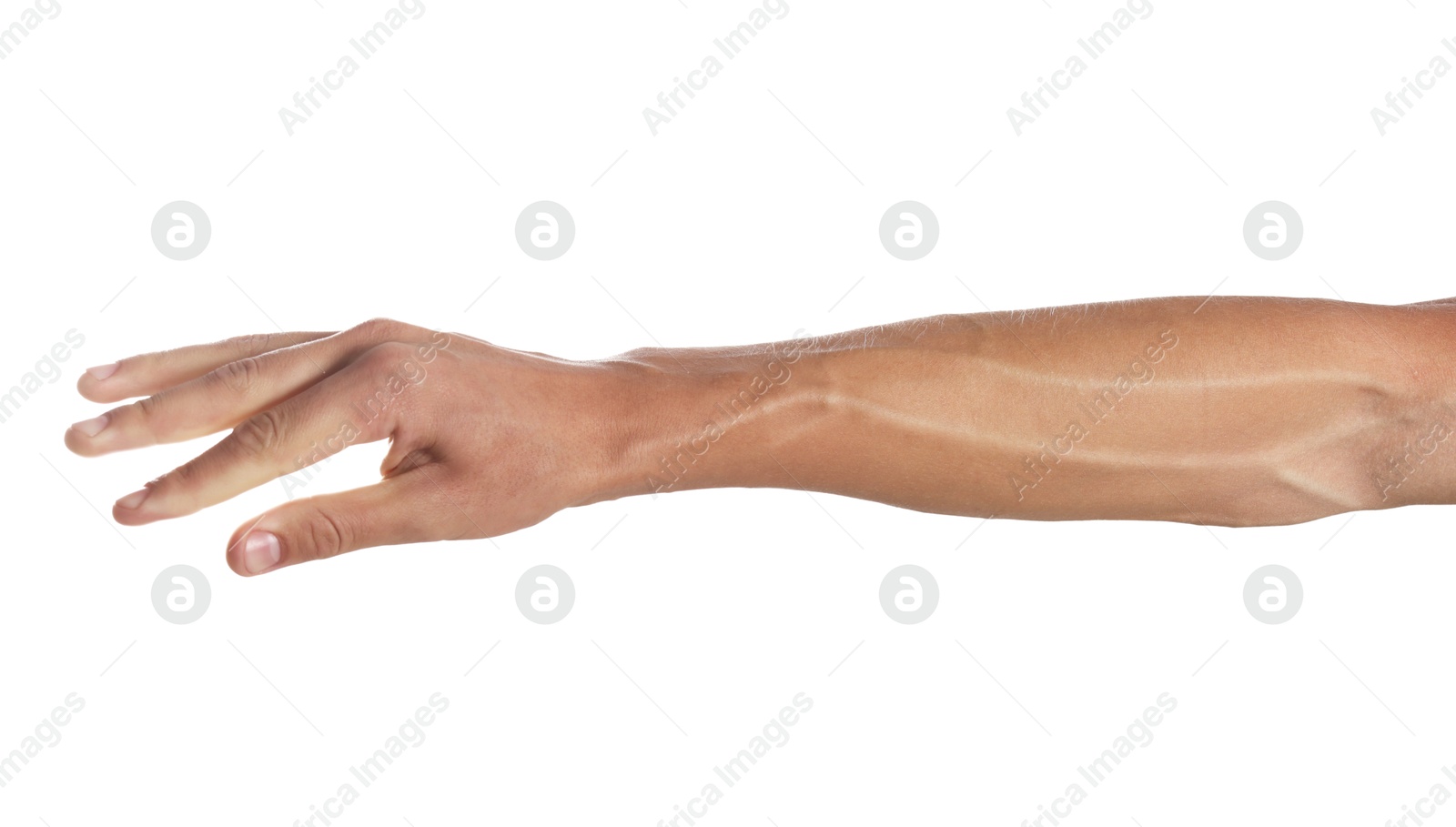 Photo of Man with bulging veins on his arm against white background, closeup