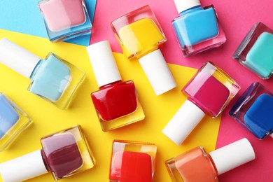 Set of different nail polishes on color background, flat lay