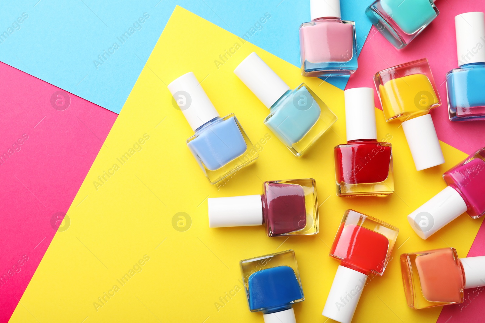 Photo of Set of different nail polishes on color background, flat lay. Space for text