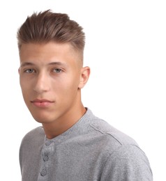 Photo of Handsome young man with stylish haircut on white background