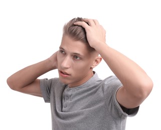 Photo of Handsome young man with stylish haircut on white background