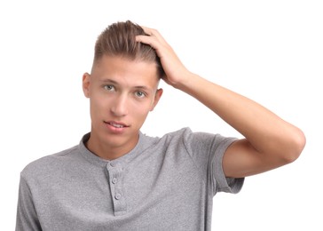 Photo of Handsome young man with stylish haircut on white background