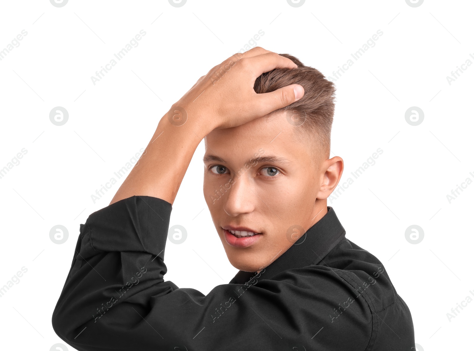 Photo of Handsome young man with stylish haircut on white background