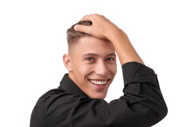 Smiling young man with stylish haircut on white background