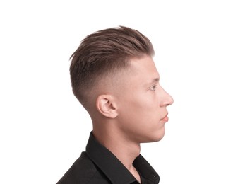 Photo of Young man with stylish haircut on white background