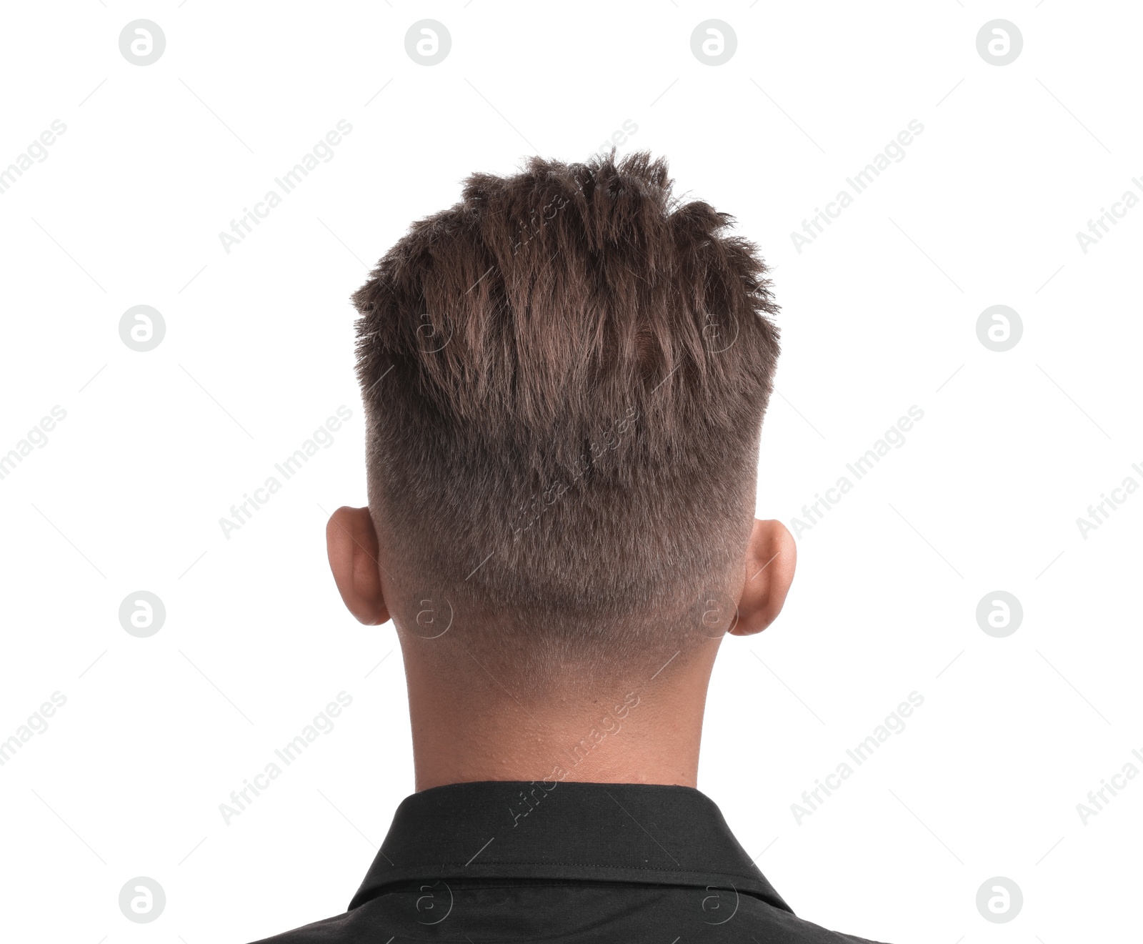 Photo of Man with stylish haircut on white background, back view