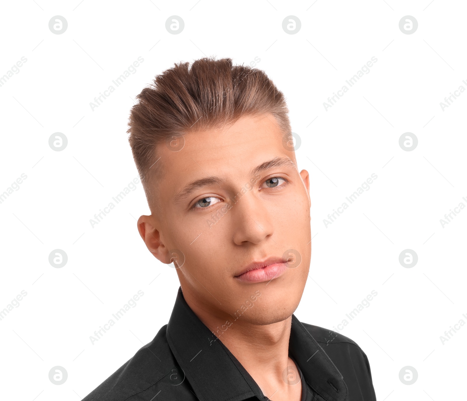 Photo of Handsome young man with stylish haircut on white background