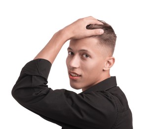 Photo of Confident young man with stylish haircut on white background