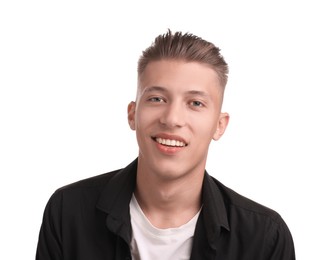 Photo of Smiling young man with stylish haircut on white background