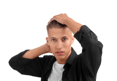 Photo of Confident young man with stylish haircut on white background