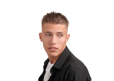 Confident young man with stylish haircut on white background