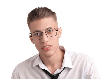 Photo of Confident young man with stylish haircut on white background