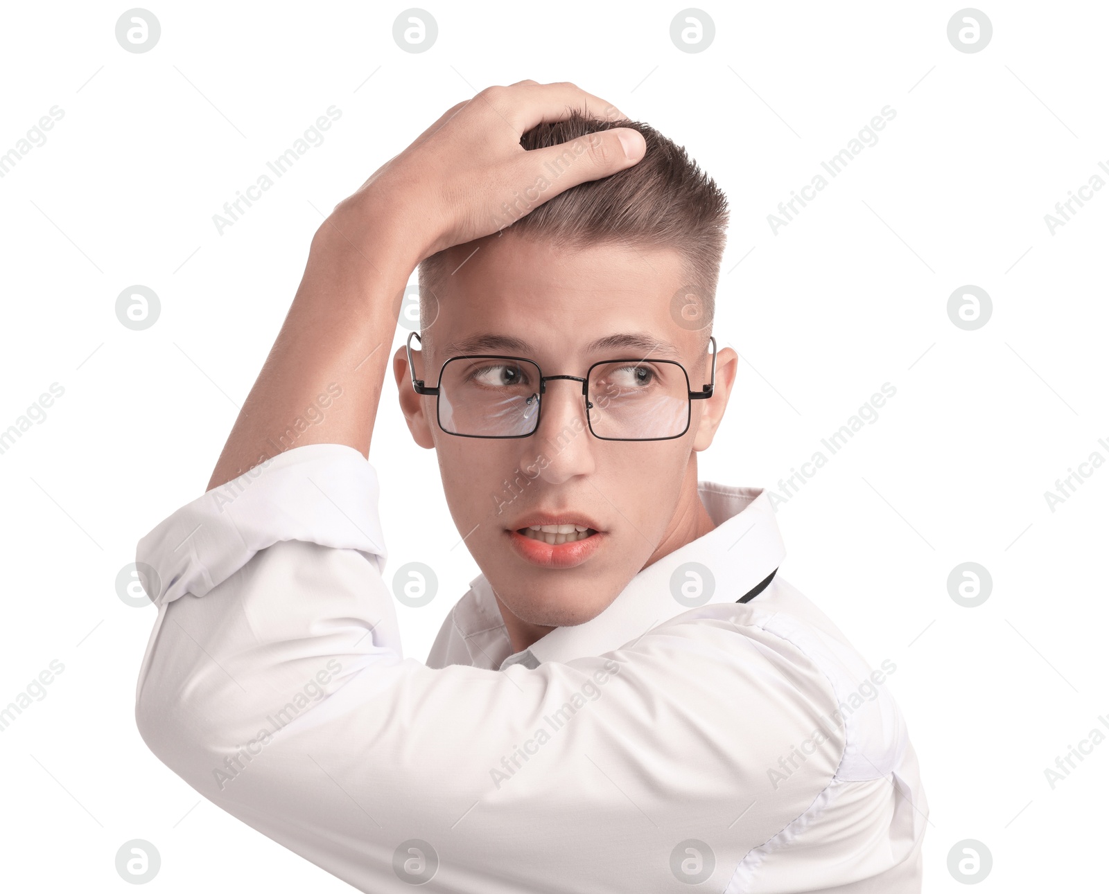 Photo of Confident young man with stylish haircut on white background