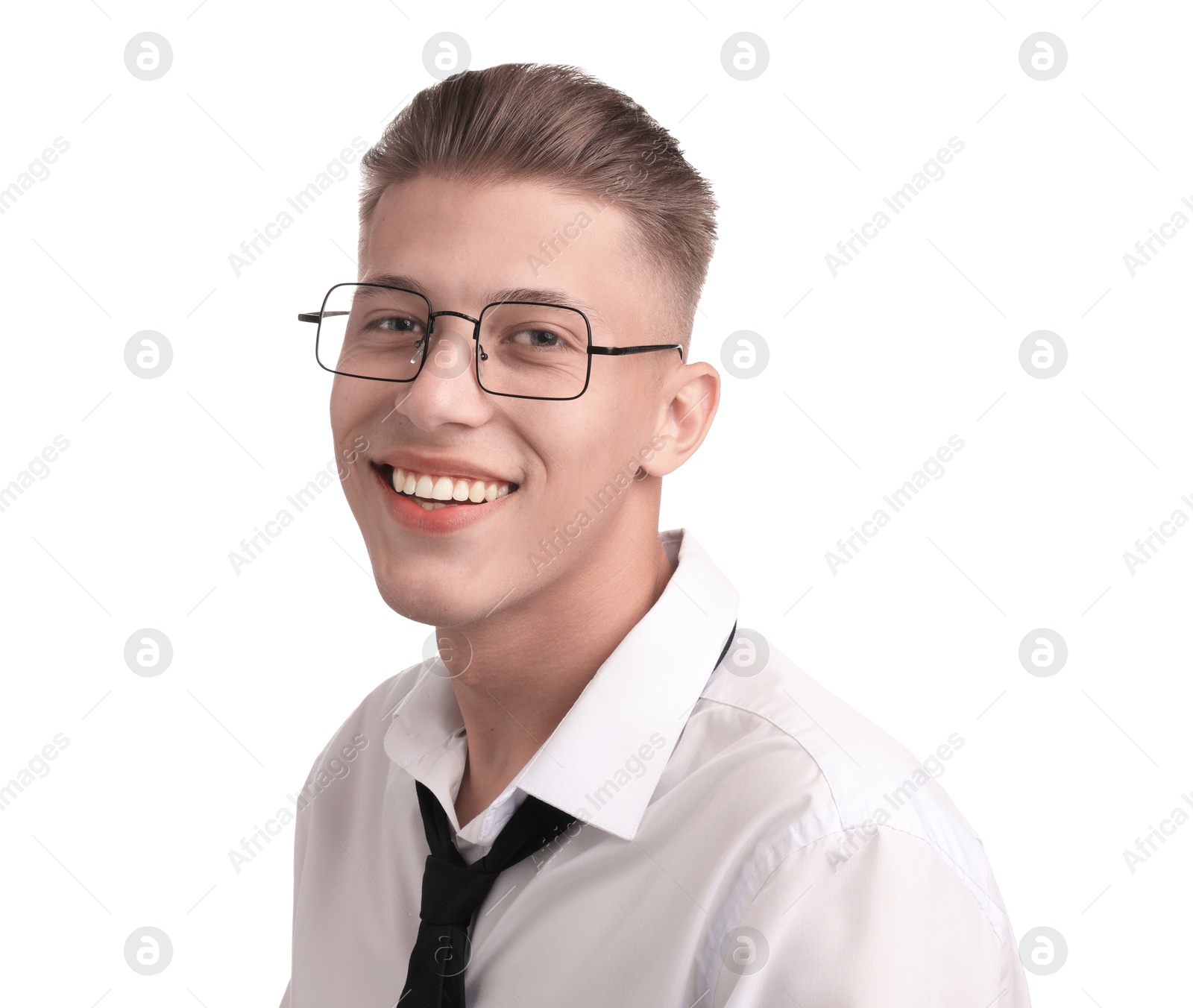 Photo of Smiling young man with stylish haircut on white background