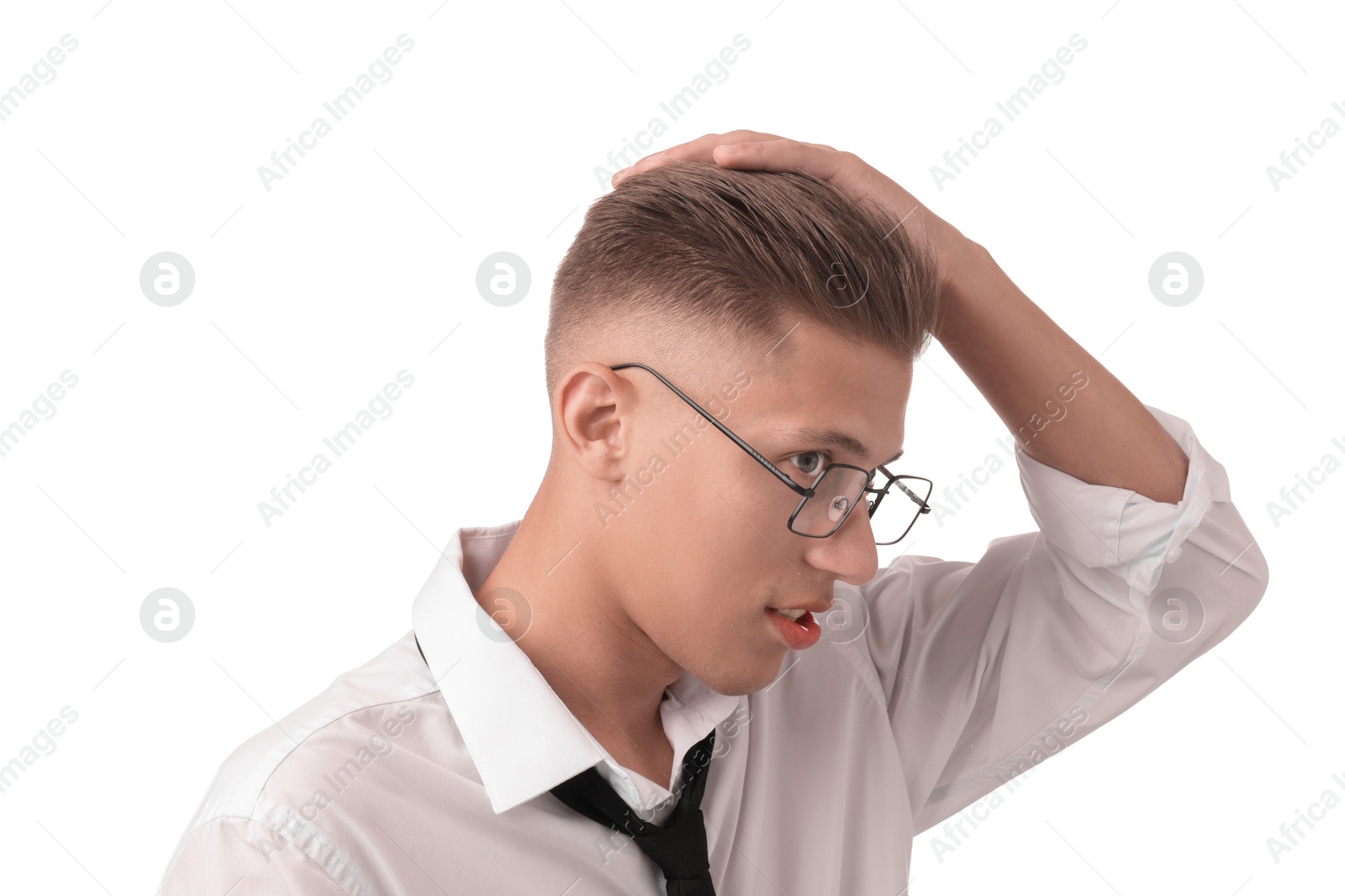 Photo of Confident young man with stylish haircut on white background