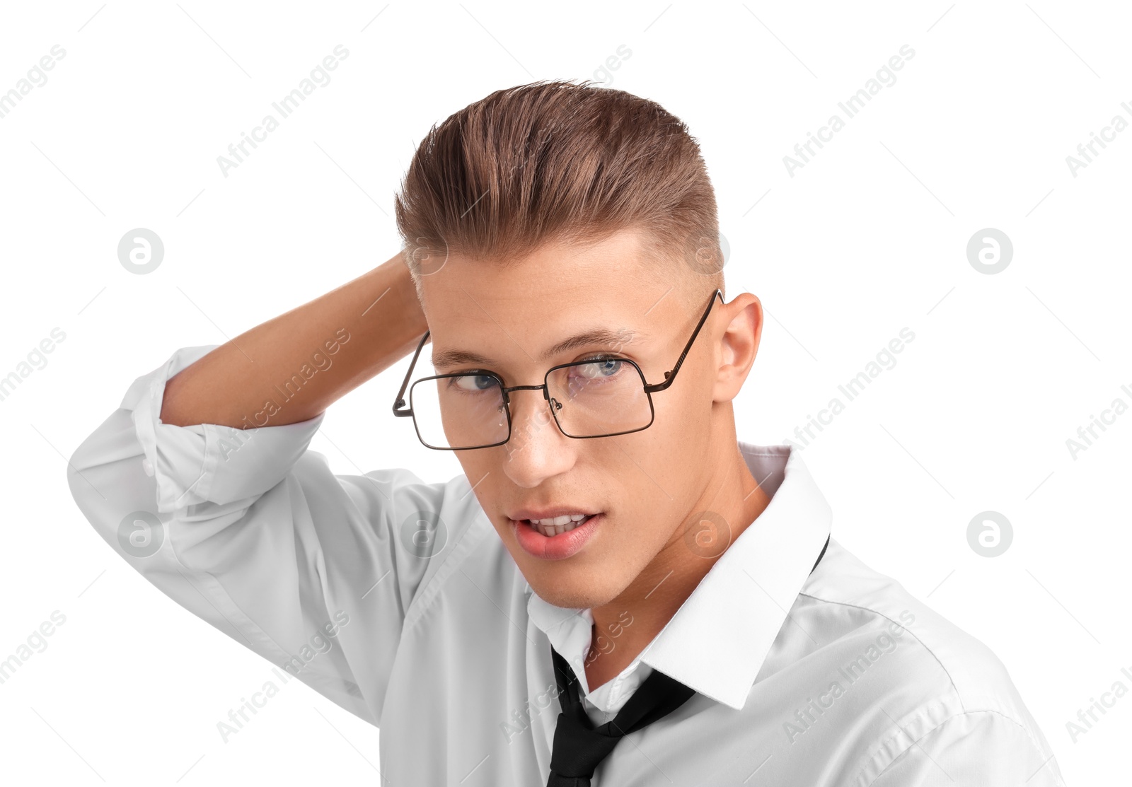 Photo of Confident young man with stylish haircut on white background