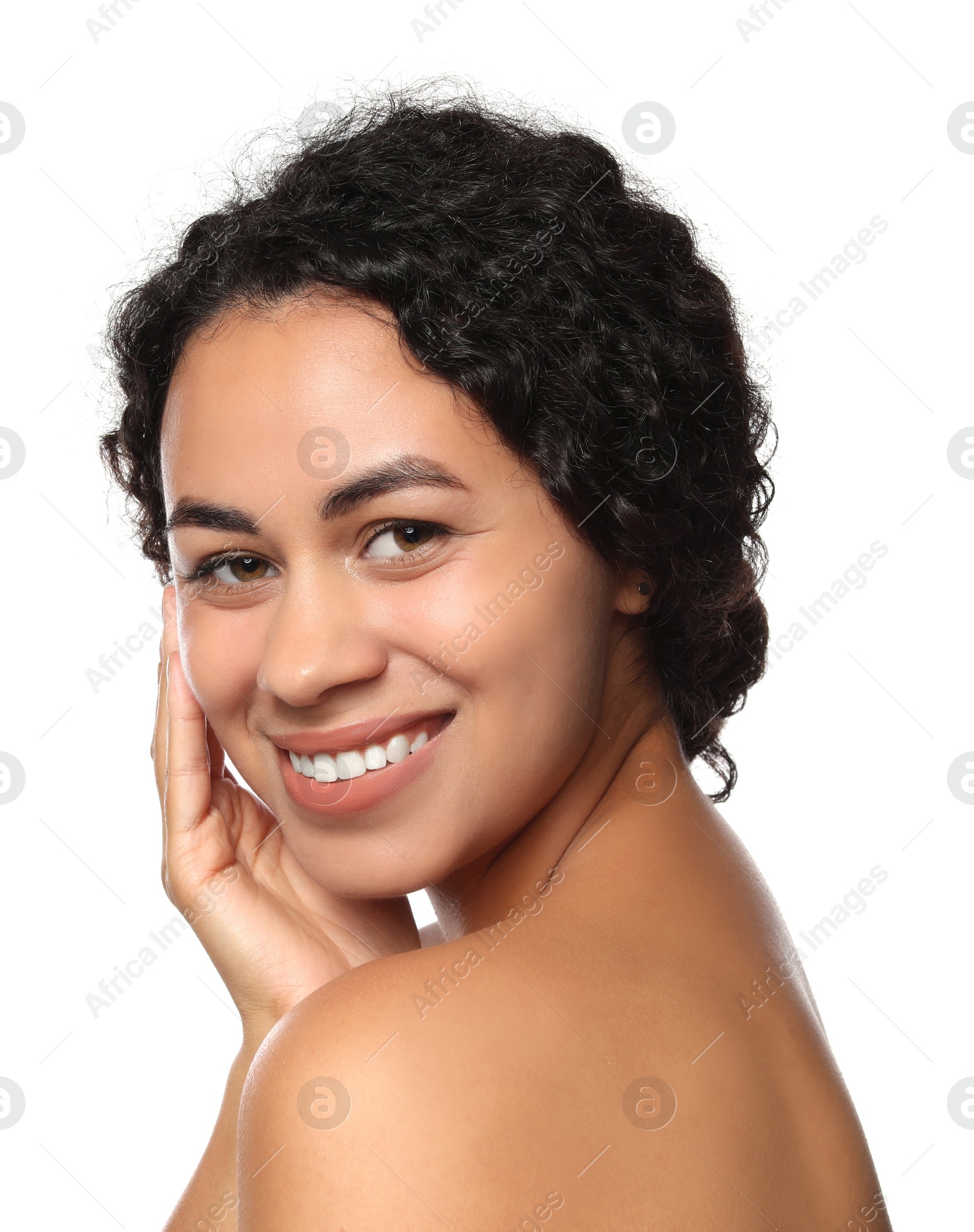 Photo of Cosmetology. Beautiful woman with perfect skin on white background