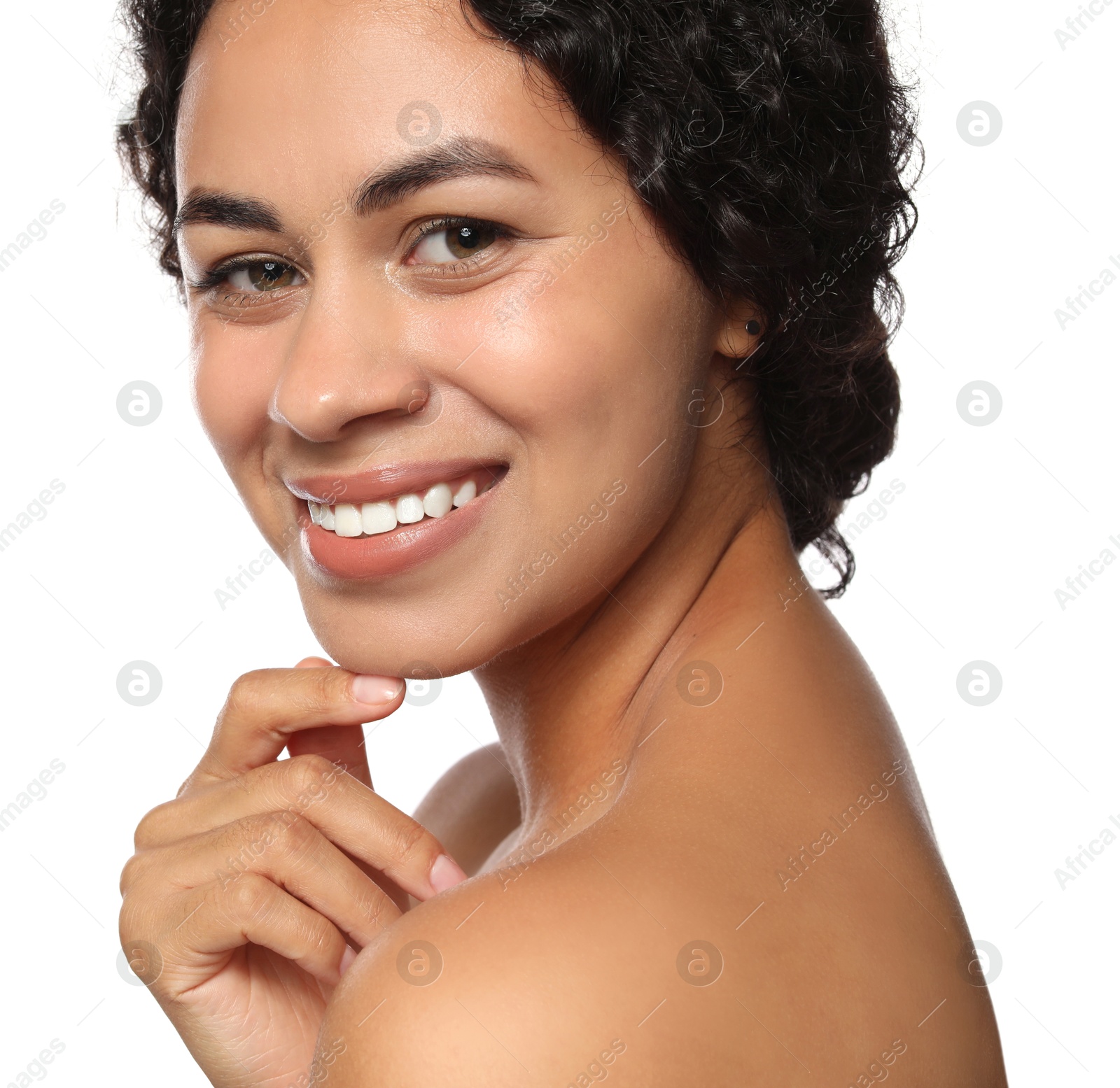 Photo of Cosmetology. Beautiful woman with perfect skin on white background