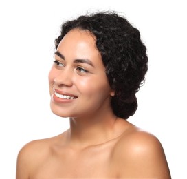 Photo of Cosmetology. Beautiful woman with perfect skin on white background