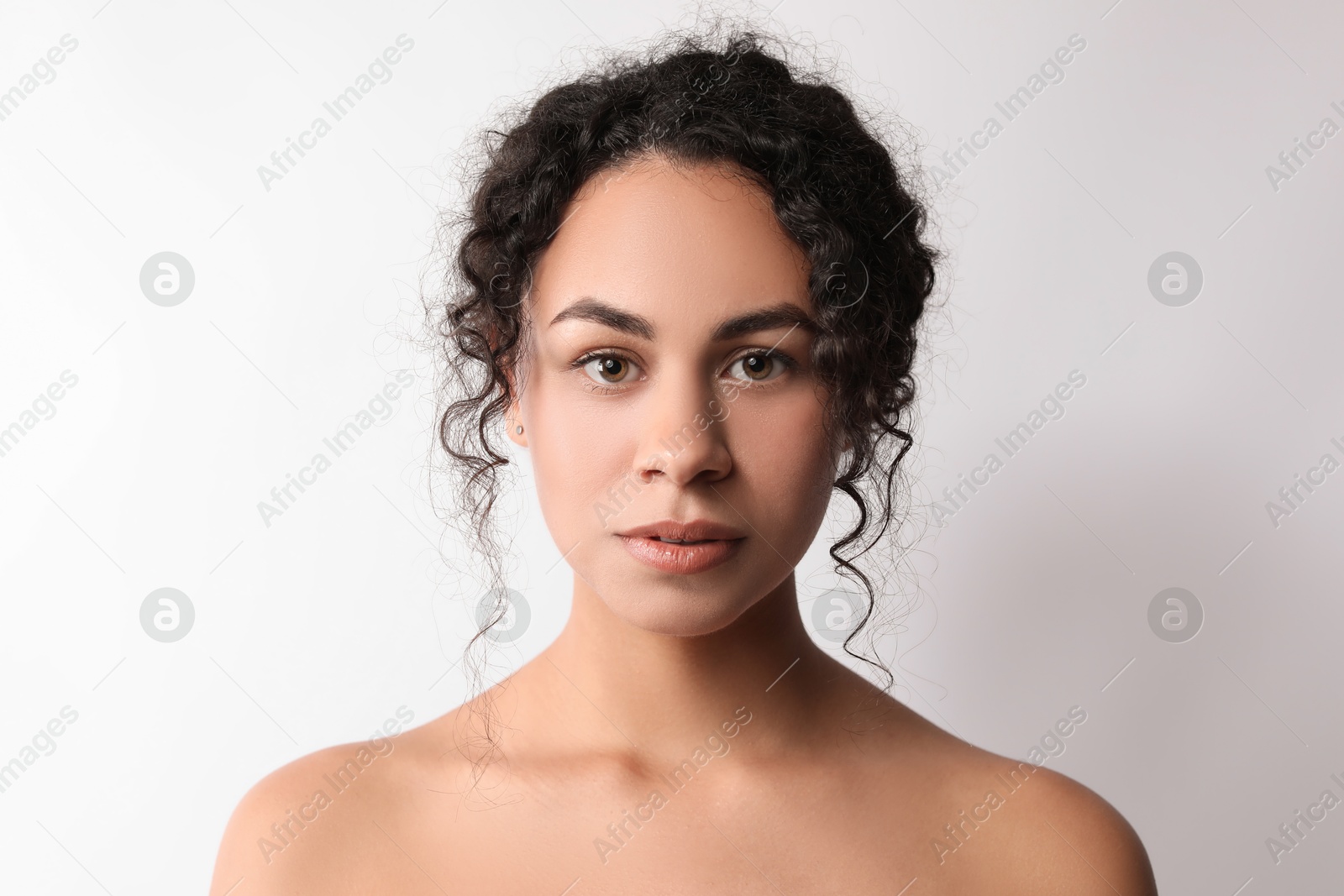 Photo of Cosmetology. Beautiful woman with perfect skin on white background