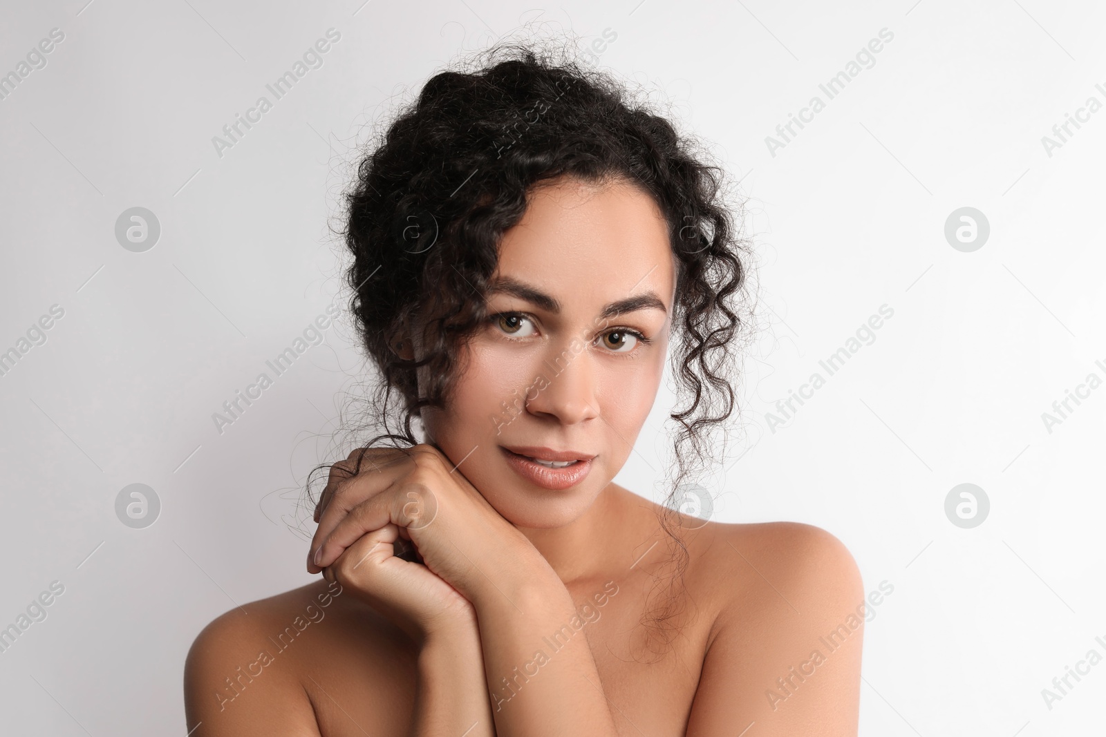 Photo of Cosmetology. Beautiful woman with perfect skin on white background