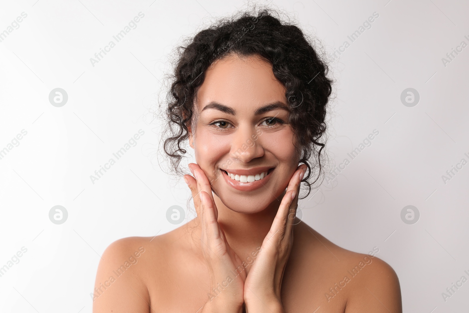 Photo of Cosmetology. Beautiful woman with perfect skin on white background