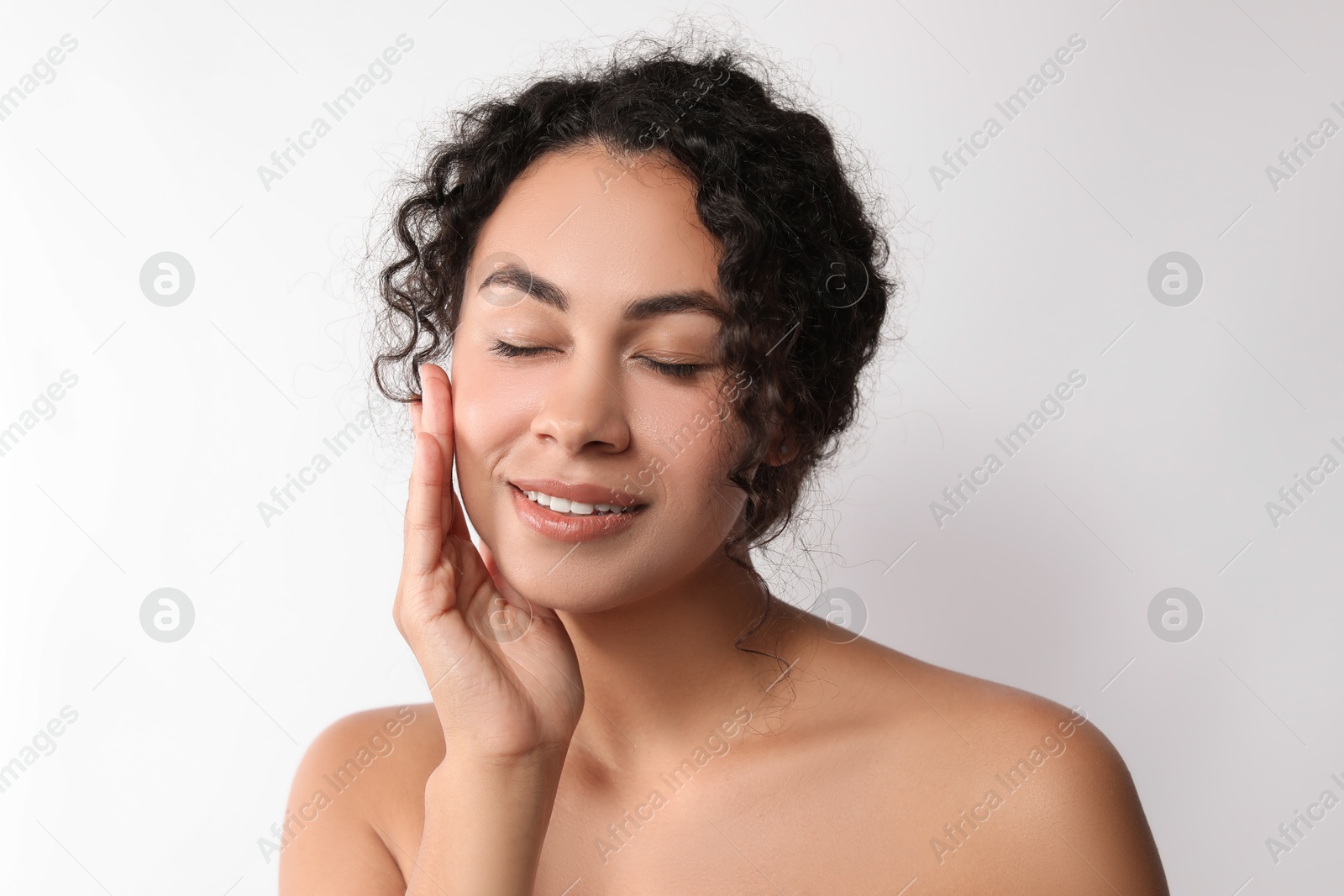 Photo of Cosmetology. Beautiful woman with perfect skin on white background