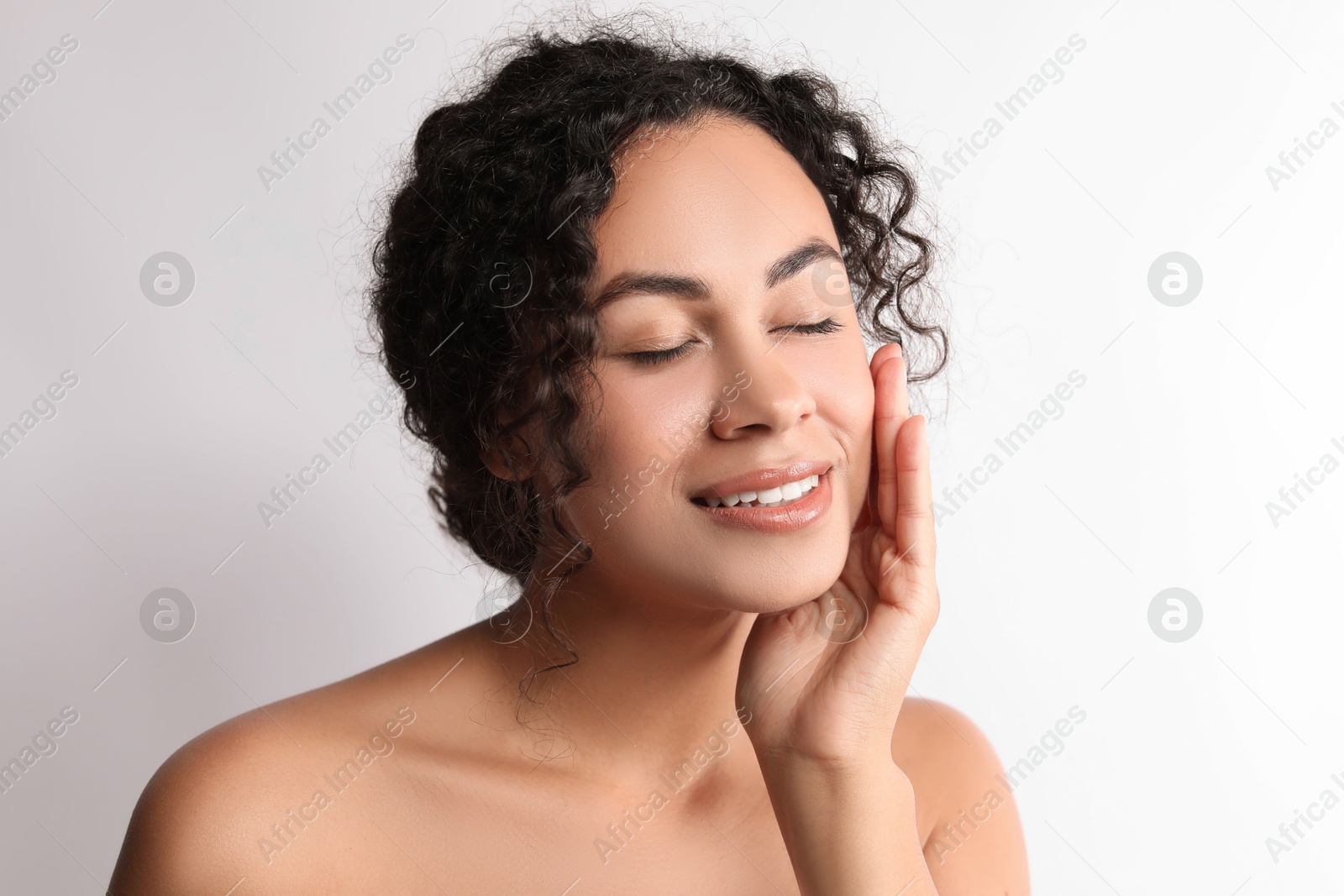 Photo of Cosmetology. Beautiful woman with perfect skin on white background