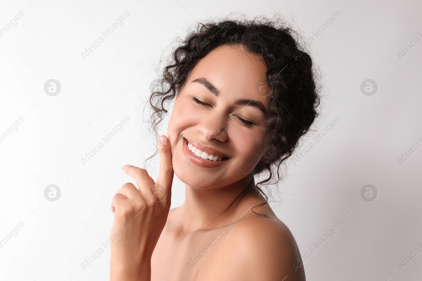 Photo of Cosmetology. Beautiful woman with perfect skin on white background