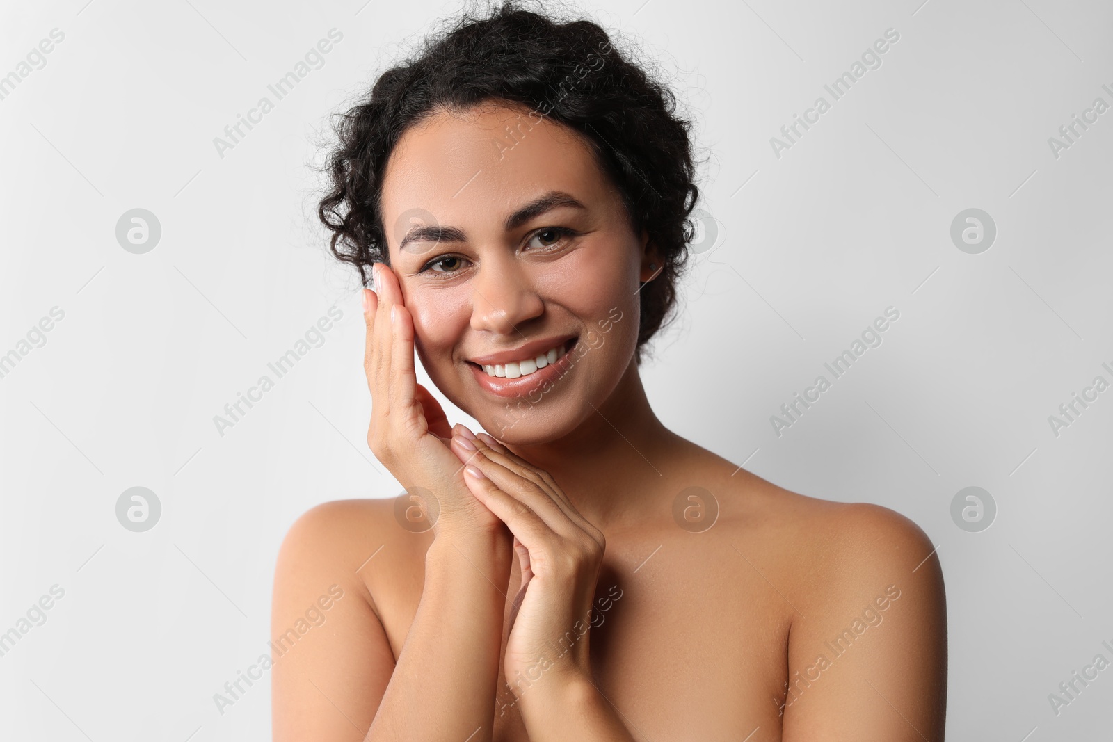 Photo of Cosmetology. Beautiful woman with perfect skin on white background