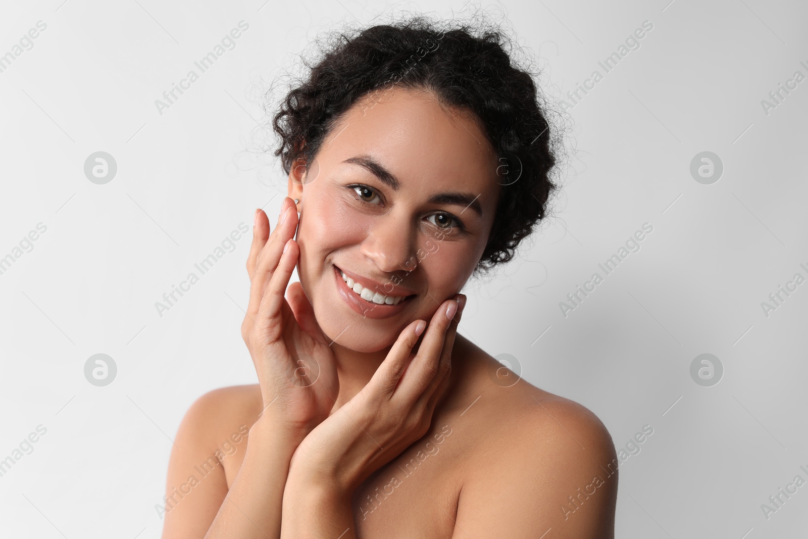 Photo of Cosmetology. Beautiful woman with perfect skin on white background