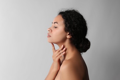 Photo of Cosmetology. Beautiful woman with perfect skin on white background