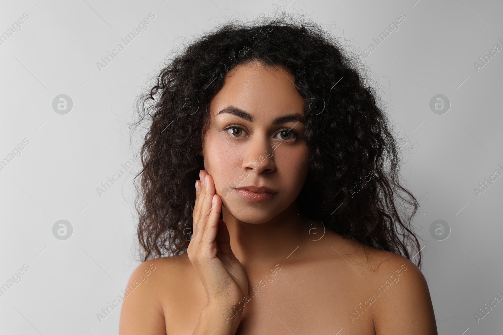 Photo of Cosmetology. Beautiful woman with perfect skin on white background