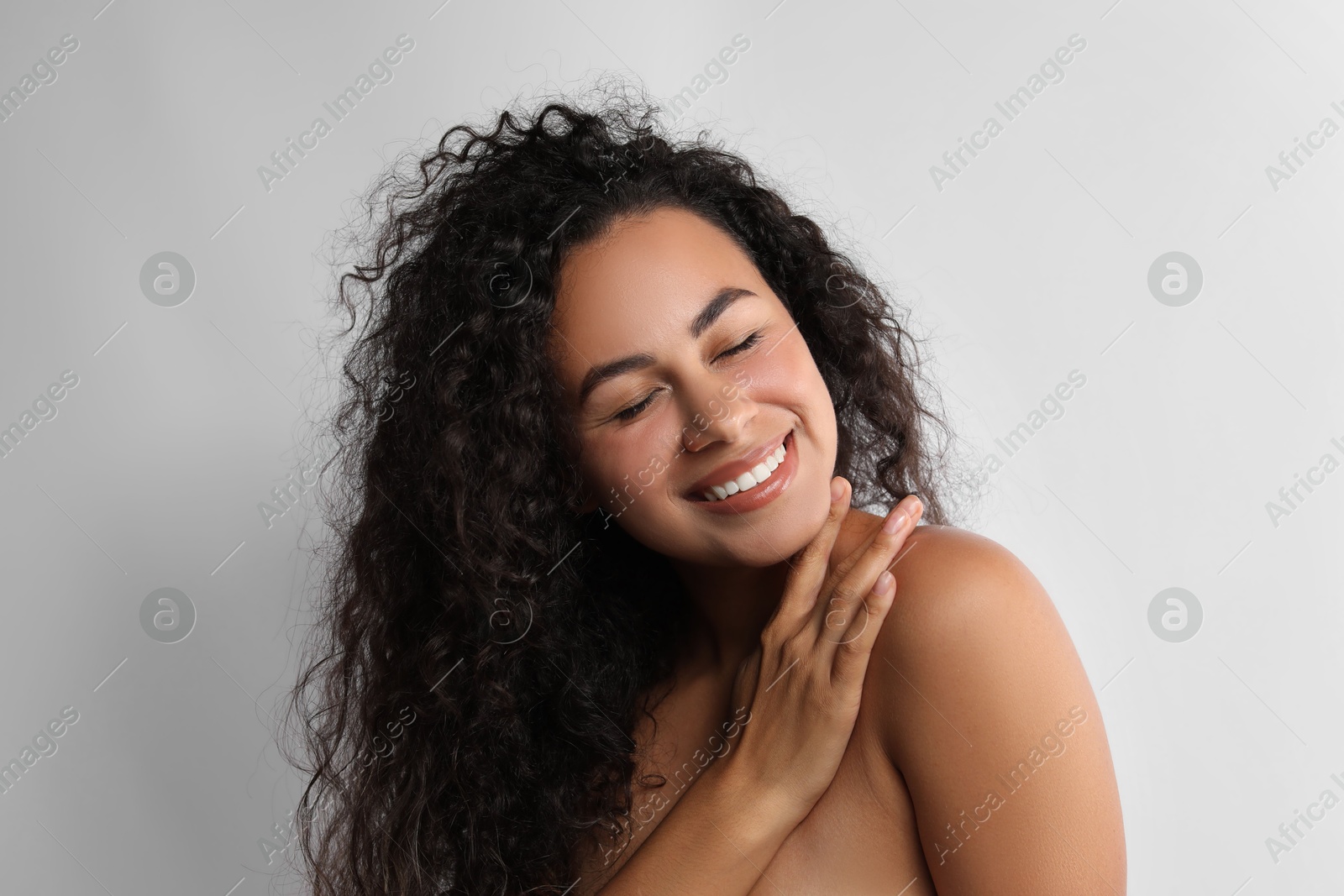 Photo of Cosmetology. Beautiful woman with perfect skin on white background