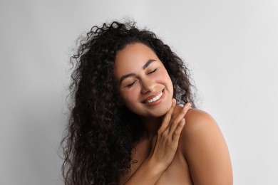 Photo of Cosmetology. Beautiful woman with perfect skin on white background